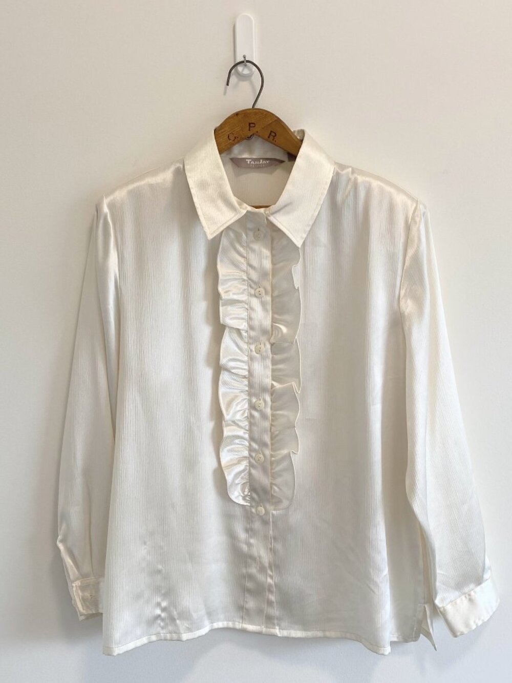 Vintage Shiny Ivory Tuxedo Dress Shirt w/ Ruffle / Y2K